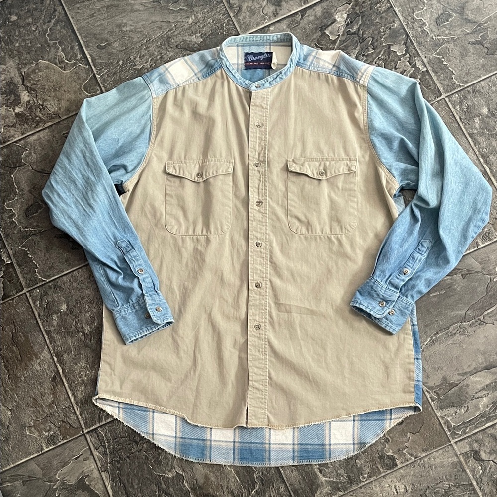 Vintage WRANGLER X-LONG TAILS Tan & Denim Blue Plaid Button-Up Rodeo Ranch Shirt